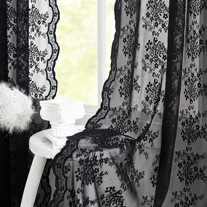 YJ YANJUN Vintage Lace Curtains 72 inch Length Goth Black Floral Sheer - Image 4