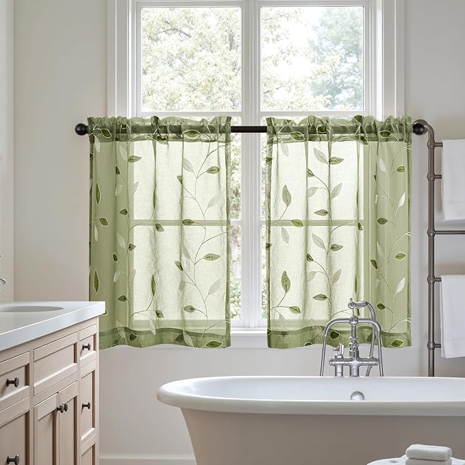 MIULEE Sage Green Sheer Curtains 2 Panels Leaf Patterned, W30 x L30 | - Image 7