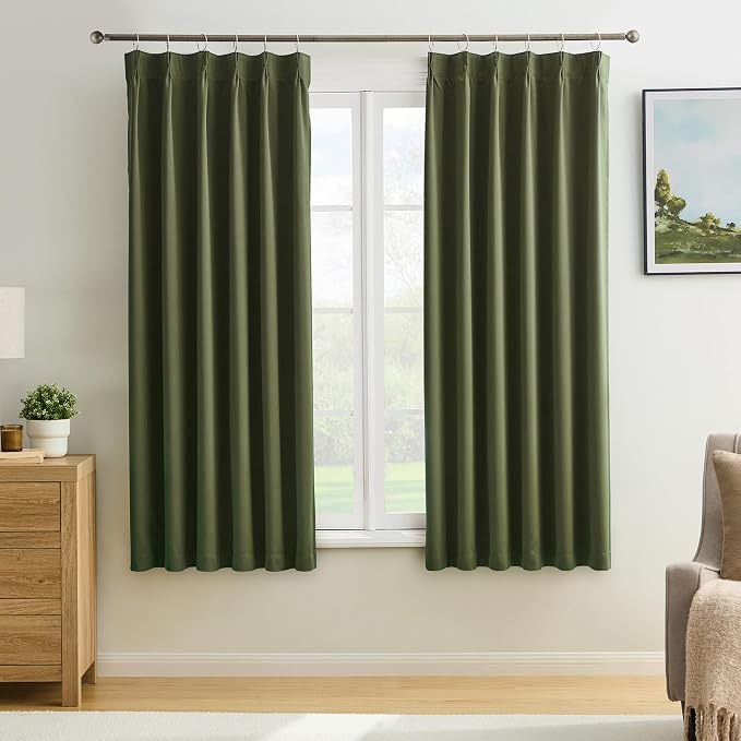 Dark Olive Pinch Pleated Curtains 63 Inches Long by KEQIAOSUOCAI