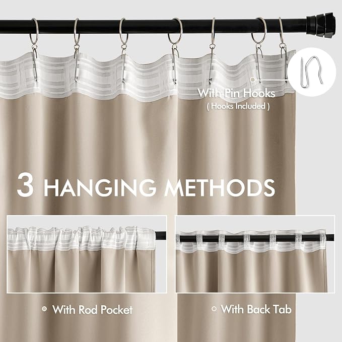 MIULEE Taupe Back Tab Blackout Curtains 52x96 Inch Long 2 Panels Set | Rod - Image 3