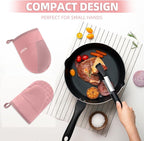 Mini Oven Mitts, Kitchen Oven Gloves Kitchen Mittens 500 Degrees Heat Resistant Baking Gloves, Non-Slip Silicone Surface with Hanging Loops Hot Gloves for Cooking, Baking, BBQ 1 Pair-Pink