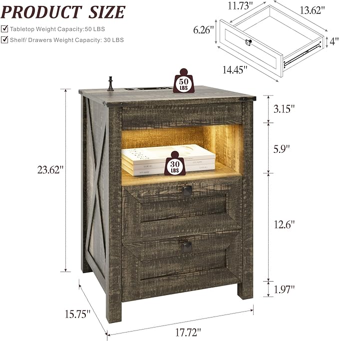 HWB Nightstands Set of 2 with Hidden Drawer, Farmhouse Bedside Table with - Image 2