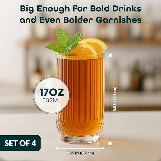 Glaver's Drinking Glasses Set of 4. 17oz Vintage Ripple Cocktail Glasses, Ribbed Highball Glass Cups. Arch Designed Art Deco Glassware for Water Juice Coffee.