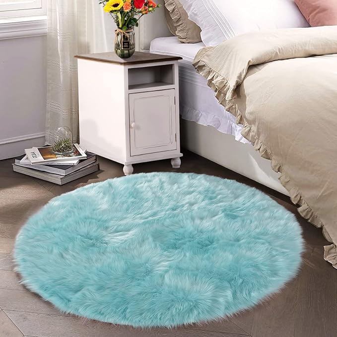 Latepis Fluffy Light Blue Round Rug 5ft Faux Fur Fluffy Washable Rugs Shag - Image 7