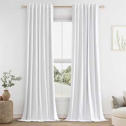 White 100% Blackout Linen Curtains 144 Inch Length 2 Panels Set by Guken