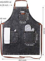 Denim Apron with Pockets, Mens Womens Professional Black Kitchen Bib Apron for Chef Cooking Grill BBQ, with Towel Loop and Adjustable Neck Straps