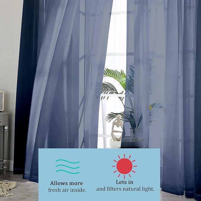 Navy Blue Sheer Curtains 90 Inches Long, Solid Light Filtering Sheer Curtains - Image 7