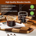 YARRAMATE 3.4oz Espresso Cups with Wood Handle, Clear Glass Espresso Accessories, Double Spout Measuring Cup with Dual Scale, Espresso Shot Glass with V-Shaped Spout