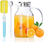 Glass Water Pitcher with Lid and Spout, 68 Ounces Heat Resistant Borosilicate Glass Carafe with Brush and Mixing Spoon, Temperature Safe