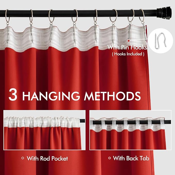 MIULEE Christmas Red Back Tab Blackout Curtains 52x120 Inch Long 2 Panels | Rod - Image 3