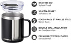 SUNWILL Travel Coffee Mug with Lid, Insulated Tumbler with Handle, 14oz Stainless Steel Cup for Camping, Outdoor, Powder Coated Black
