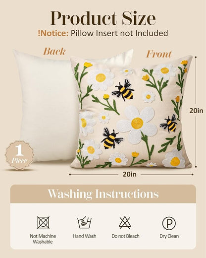 Embroidered Throw Pillow Cover 20x20 Inch, Flower Bee | Decorative Pillow Cover - Image 4