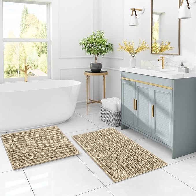 Arotive Luxury Chenille Bathroom Rug Mat, Extra Soft Thick Absorbent Shaggy Bath Rugs, Non-Slip Machine Wash Dry, Plush Bath Mats for Bathroom, Shower and Tub, 47x17, Beige
