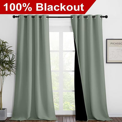 NICETOWN Greyish Green Blackout Curtains 90 inches Long, Full Light Blocking - Image 2