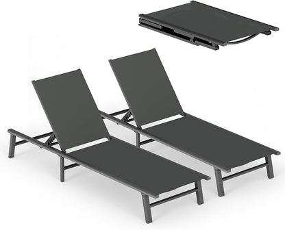 Ciokea Foldable Outdoor Lounge Chair Set of 2, No Assembly Aluminum Chaise by CIOKEA