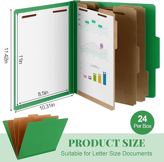 24 Pcs Classification Folders Letter Size, Back to School Supply for Teacher, Student, 3 Dividers Pressboard File Folder Bulk with 2 Fasteners, 3.5 Inch Expanding File Organizer (Green)