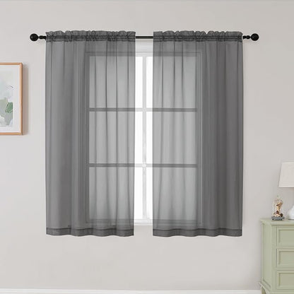 Grey Sheer Curtains for Bedroom Living Room 45 Inch Length 2 Panels, Soft Light by WelvetBLK