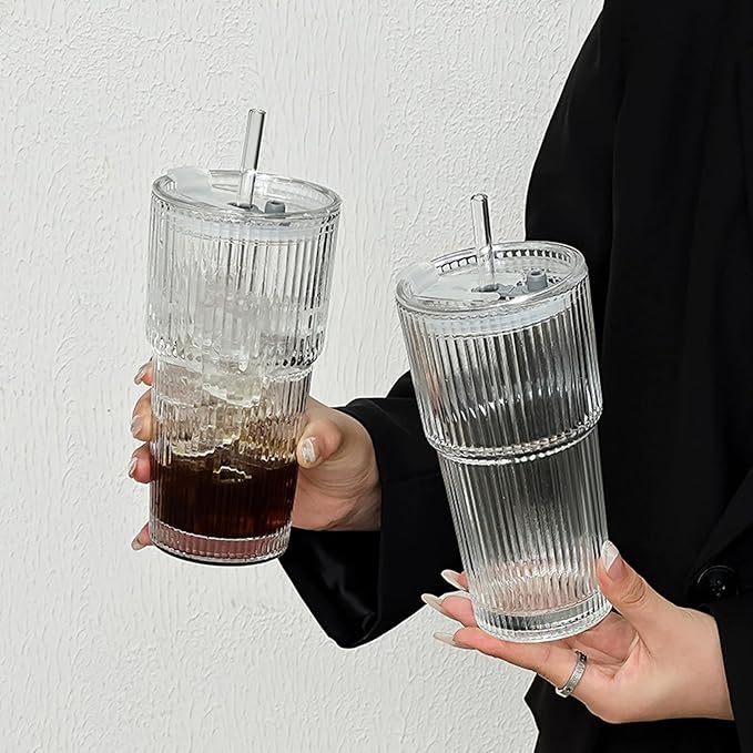 2 Pack Iced Coffee Cup with Lids, 20oz Clear Glass Tumbler with Straw & Lid, Ribbed Glassware Cups, Dishwasher Safe Drinking Glasses, Stylish Glass Cups for Coffee, Juice, Tea, Matcha