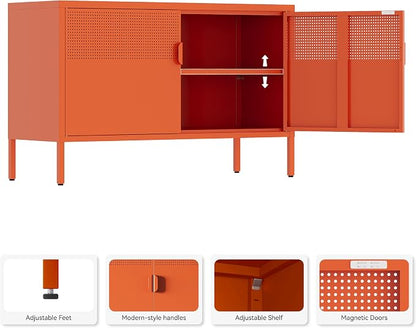 Orange Metal Storage Cabinet, 2 Door TV Stand, Metal Mesh Accent Cabinet - Image 4