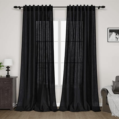 Solid Black Curtains 96 Inches Long 2 Panel Set Back Tab Sheer Black Linen by Nanspring