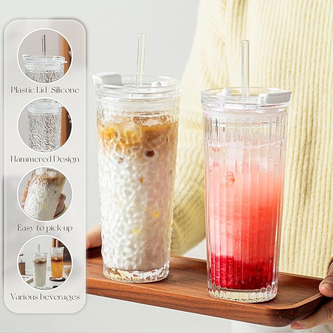 KEMORELA Glass Tumblers with Lids and Straws – Set of 2, 18oz Premium Quality Drinking Glasses, Ideal for Juices, Cocktails, and Everyday Use
