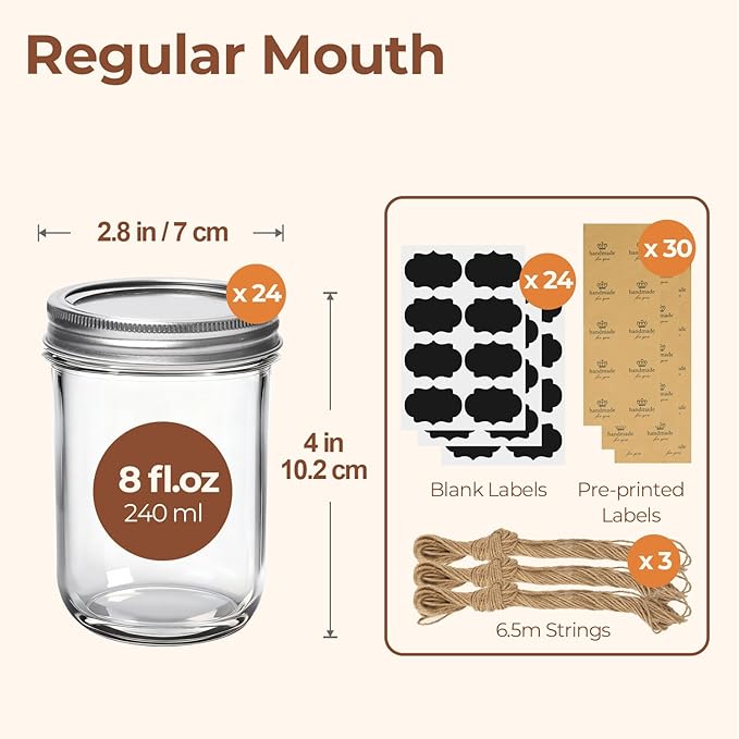 ComSaf Small Mason Jars 8 oz, 24Pcs Regular Mouth Canning Jars, 8 ounce Glass Jar with Lid for Jams, Sauces, Jellies, Spices, Self-Made Gift, DIY Candles Decor, Wedding & Baby Shower Favors