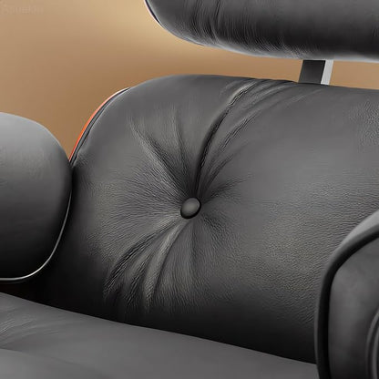 Top Black Grain Leather, Mid Century Chaise Lounge Chair and Ottoman, Modern - Image 9
