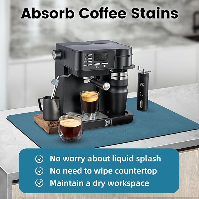 PoYang 24"x16" Coffee Mat Large, Coffee Bar Accessories for Countertop, Absorbent Dish Drying Mat, Anti-Slip and Hide Stain Pad for Espresso Machine, Espresso Maker and Kitchen Counter, Blue