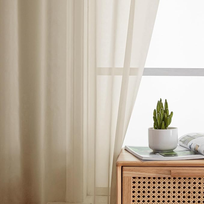 Simplebrand Taupe Sheer Curtains 90 Inches Long 2 Panels, Light Filtering Rod - Image 2