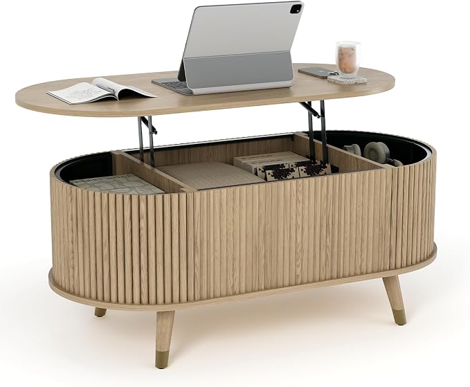 SULIVES Oval Coffee Table with Storage, Small Fluted Center Table - Image 9