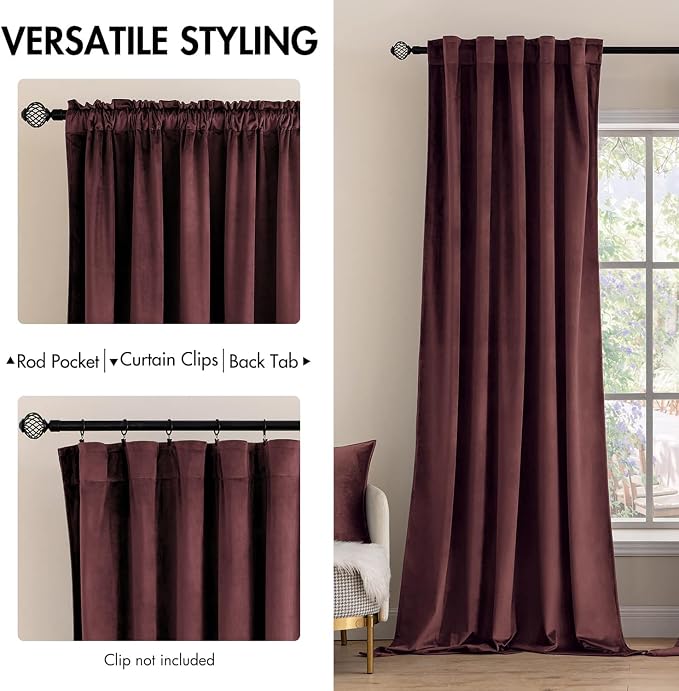 MIULEE Velvet Curtains 52x90 inches 2 Panels Ruby Wine Blackout Curtains | - Image 2
