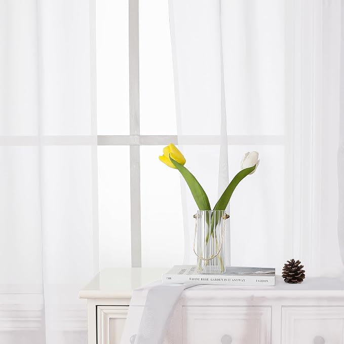White Sheer Curtains 50 Inch Length 2 Pcs, Light Filtering Voile Bathroom - Image 2
