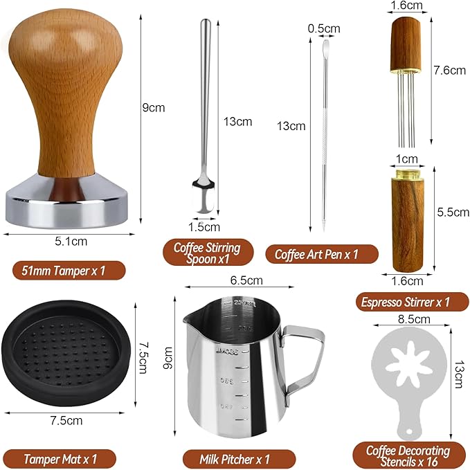 22 PCS Coffee Espresso Tamper Set, 51mm Espresso Accessories with Espresso Tamper, WDT Tool, Coffee Stirrer, Frothing Pitcher, Latte Art Pen, Tamper Mat, Coffee Stencils for Espresso Machine
