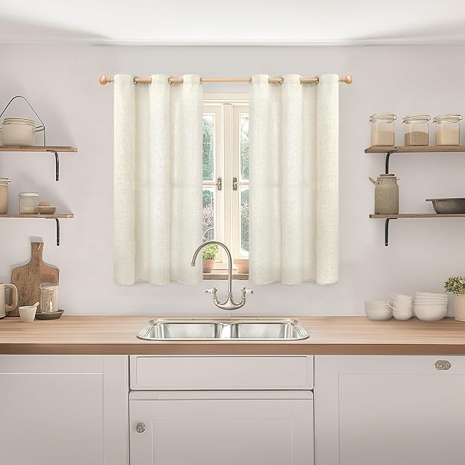 YoungsTex Beige Linen Kitchen Window Curtains, Short Light Filtering Drapes - Image 2