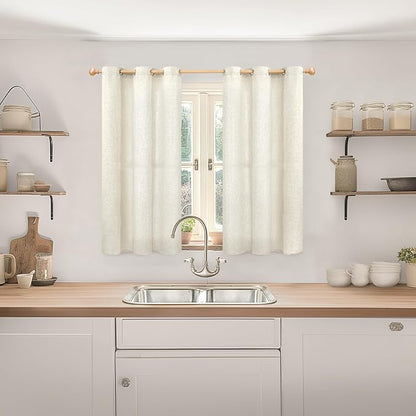 YoungsTex Beige Linen Kitchen Window Curtains, Short Light Filtering Drapes - Image 2
