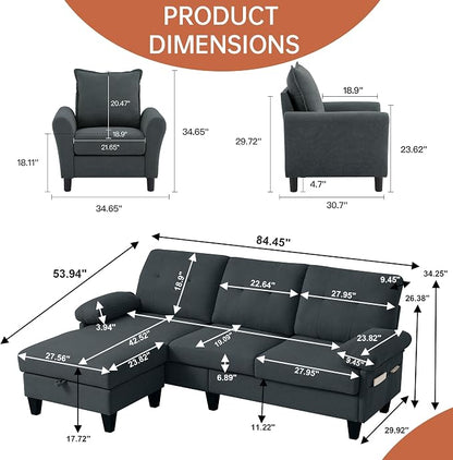 2PCS Sectional Sofa Set with Ottoman, Modern Linen 4 Seater Couch Set with Side - Image 2