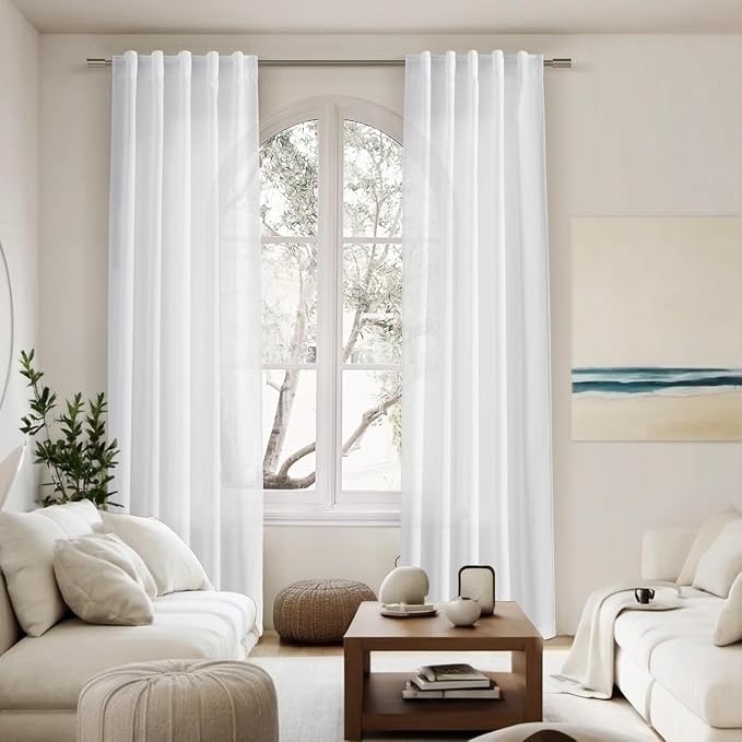 White Linen Curtains for Living Room 54 inch Length White Light Filtering Semi - Image 6