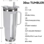 30oz Tumbler with Handle, Insulated Leak Proof Coffee Travel Mug with Straw Lid Double Wall Stainless Steel Vacuum Tumblers Metal Cup Keep Hot and Iced Drink for Gym, Office, Camping, White 1 Pack