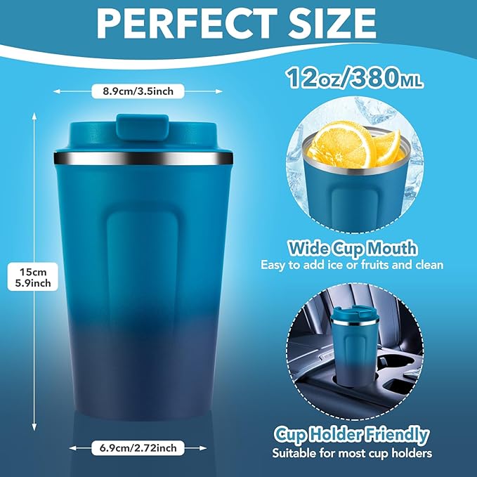 Volhoply 12 oz Double Wall Insulated Vacuum Travel Coffee Mugs with Flip Lid Bulk 2 Pack,Reusable Stainless Steel Leak Proof Coffee Cup,Portable Thermal Tumbler for Cold & Hot Drinks(Dark Night,2 Set)