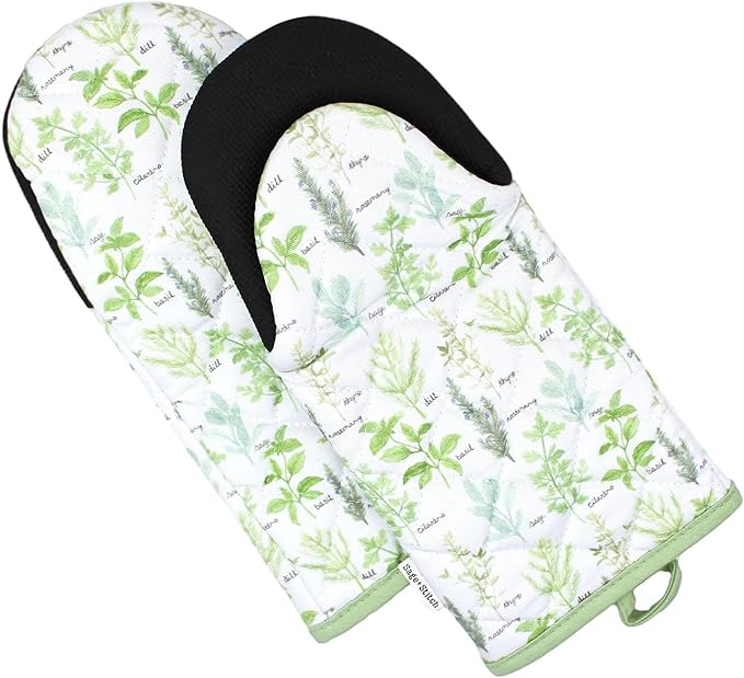 Heat Resistant Designer Kitchen Oven Mitts with Neoprene Non-Slip Grips and Hanging Loops | Set of 2 100% Cotton Long Sleeve Kitchen Oven Mitts | 5.5" x 12" | Green Herbs