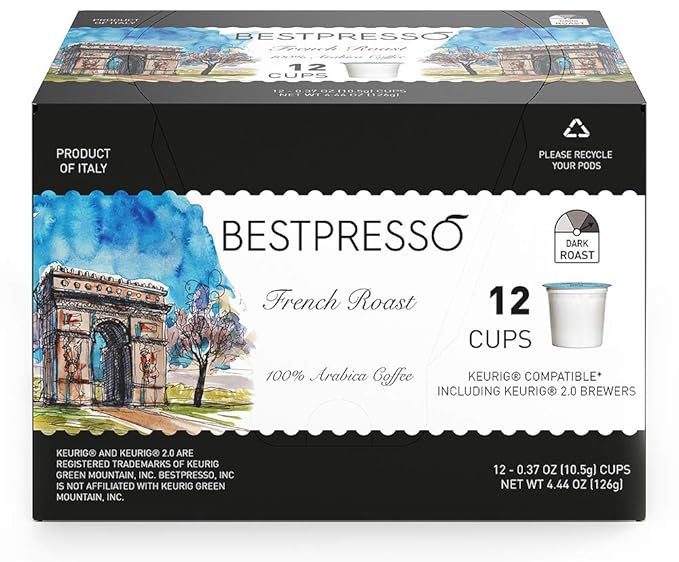 Bestpresso Coffee, French Roast Single Serve K-Cup Pods, Dark Roast, 96 Count (Compatible With 2.0 Keurig Brewers) 8 Packs Of 12 Cups