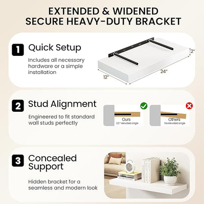 40Inch White Floating Shelves for Wall, 12 Inch Deep Shelves for Bedroom - Image 6