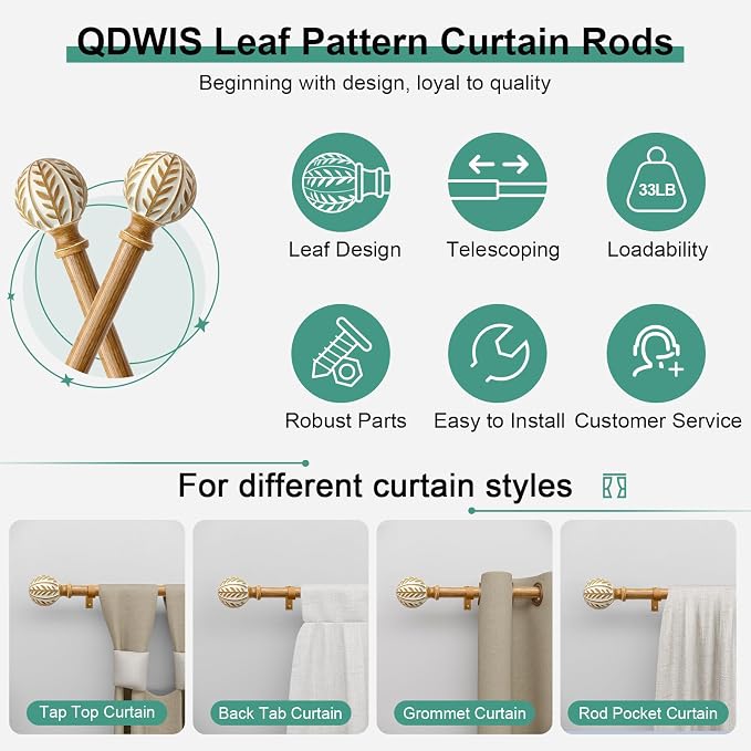 QDWIS Boho Wood Curtain Rods for Windows 48 to 84 inch, Rustic Decorative - Image 6