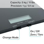 PantryPro Glass Platform Digital Kitchen Scale - 11lbs / 5kg Capacity - LCD Display g kg oz lb fl.oz ml - CR2032 Battery Included - Black