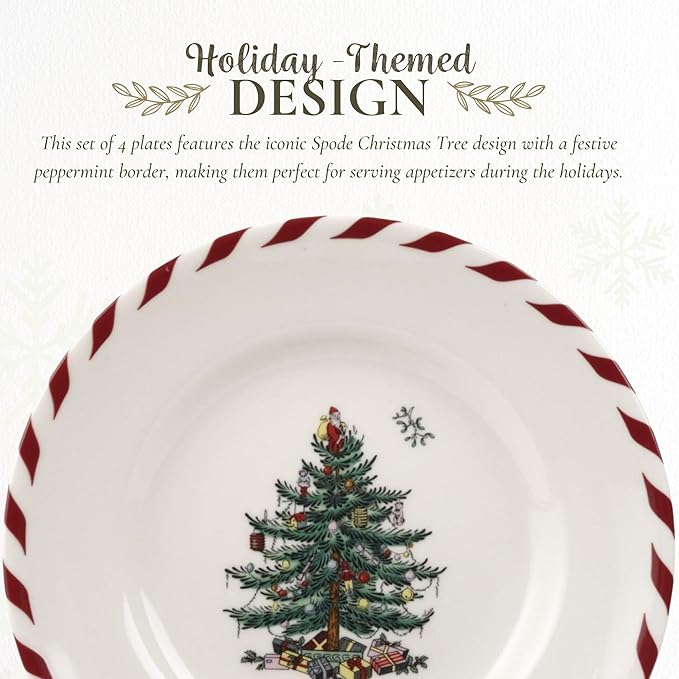 Spode Christmas Tree Canape Plates - Set of 4 | Peppermint Design, Holiday Appetizer Plate | Christmas Serving & Festive Dish | Seasonal Decorative Plate, Holiday Tableware