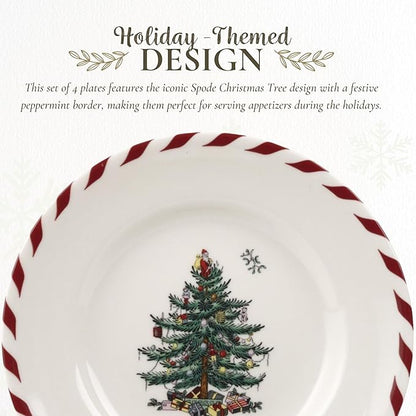 Spode Christmas Tree Canape Plates - Set of 4 | Peppermint Design, Holiday Appetizer Plate | Christmas Serving & Festive Dish | Seasonal Decorative Plate, Holiday Tableware