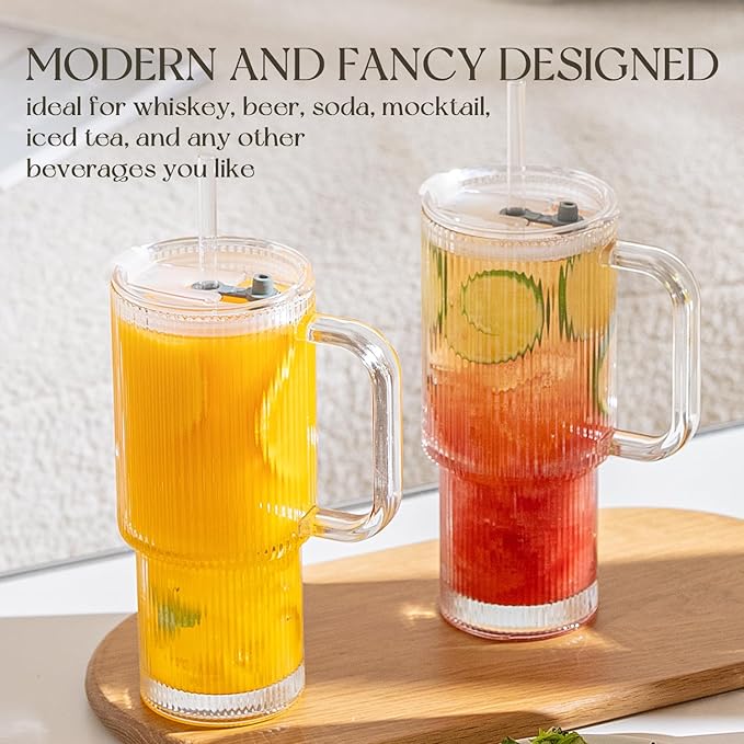 KEMORELA 2-Pack 26oz Ribbed Glass Tumblers with Handle & Lid – Large Iced Coffee Cups with Straws, Aesthetic Glass Mugs for Cold & Hot Drinks, Reusable Smoothie & Tea Cups (2PCS Ribbed Tumblers)