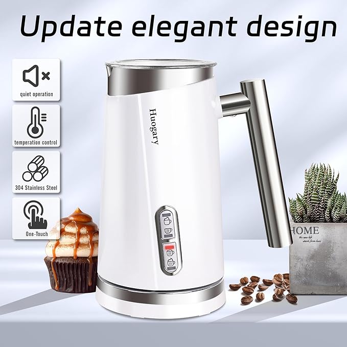 Huogary 4-in-1 Milk Frother, Updated Milk Frother and Steamer, Milk Steamer for Milk Foam & Hot Milk(4.39oz/10.5oz), Electric Milk Warmer and Frother for Coffee, Latte, Cappuccino White 120V