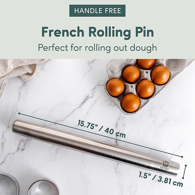 Ultra Cuisine French Rolling Pin for Baking – Use with Pizza, Cookie, and Pastry Dough, Fondant and Pie Crust – Tapered Design Bread Roller Pin, Stainless Steel 15.75-inch Large Roller Pin