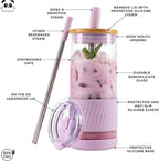 Pandaloo® Glass Cups With Lids and Straws -20 Fl Oz- Perfect Size Iced Coffee Cup - Smoothie Cup With Bamboo Lid and On the go Lid - Glass Tumbler (2 Count (Pack of 1), Lilac Rhapsody-Lilac Rhapsody)